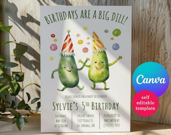 Birthdays are a Big Dill!  Cute Party Pickle themed birthday party invitation, Editable Canva Template, pickles in party hats