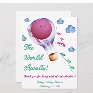 Le monde vous attend ! Baby shower, saupoudrer des cartes de faveur de baume à lèvres EOS, cartes de remerciement imprimables ballons pastel, téléchargement, banderoles, personnalisées