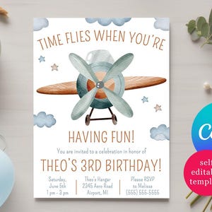 Blue and Brown Airplane Themed Birthday Party Invitations, Time Flies When You're Having Fun! Canva Template Birthday Party Invitation