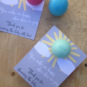 You are my sunshine baby shower EOS lip balm party favor, yellow, gray, sun, instant download, thank you for showering the baby with love