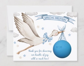 Stork, bundle of joy, baby shower, baby sprinkle, EOS lip balm party favor, thank you for showering, blue, tan, special delivery, baby boy