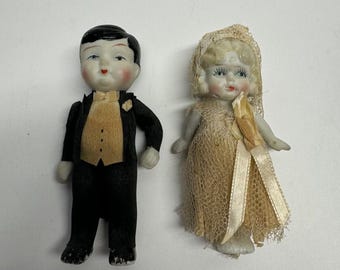 Vintage Bisque Japan Baby Doll Bride Groom With Jointed Arms 4&quot; Tall