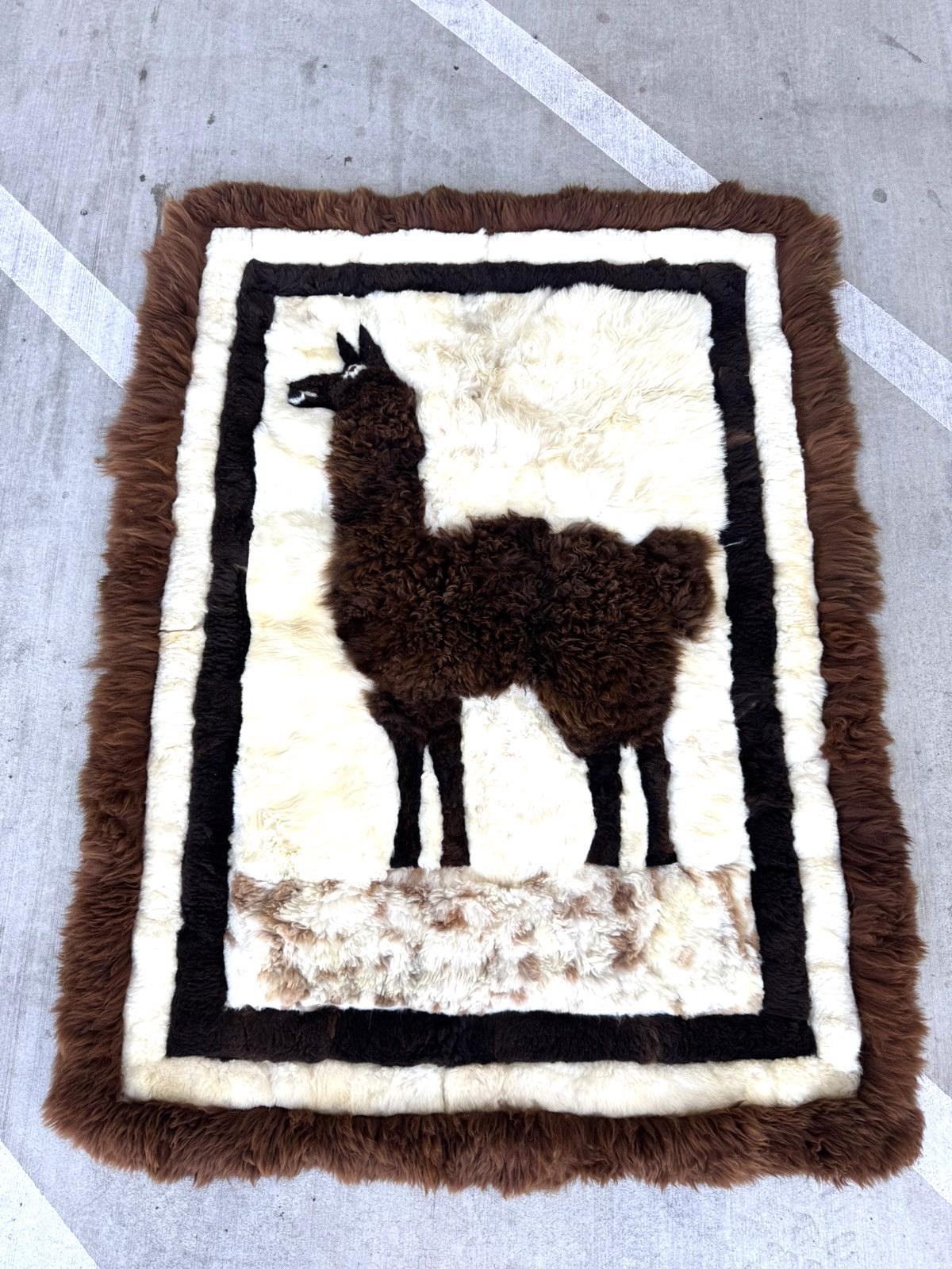 Vintage RARE Alpaca Llama Fur Throw Rug Handmade Wall Hanging