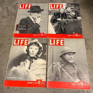 May include: Four vintage LIFE magazine covers. The covers feature black and white photographs of a man smoking, a couple in a sleigh, actress Mary Martin, and a soldier. Each cover has the LIFE logo and the date and price.