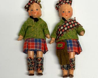Vintage Antique German Scottish Dollhouse Dolls Pair Bisque Composition 1930s