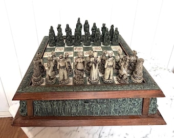 Vintage Folding Aztec Mayan & Conquistadors Chess Set ~ Turquoise