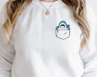 Shark Pocket Sweatshirt, Cute Shark Shirt, Little Shark T-Shirt, Shark Crewneck, Cute Shark Shirt for Gift, Funny Shark Shirt, Pocket Shirt