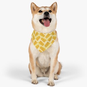 May include: A Shiba Inu dog wearing a yellow bandana with a pattern of cheese slices. The dog is sitting with its tongue sticking out and looking up.