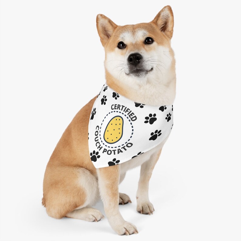 Puede incluir: Un perro Shiba Inu con un pa&ntilde;uelo blanco con huellas de patas negras y las palabras "CERTIFIED COUCH POTATO" alrededor de una ilustraci&oacute;n de patata amarilla. El perro est&aacute; sentado y mirando a la c&aacute;mara.