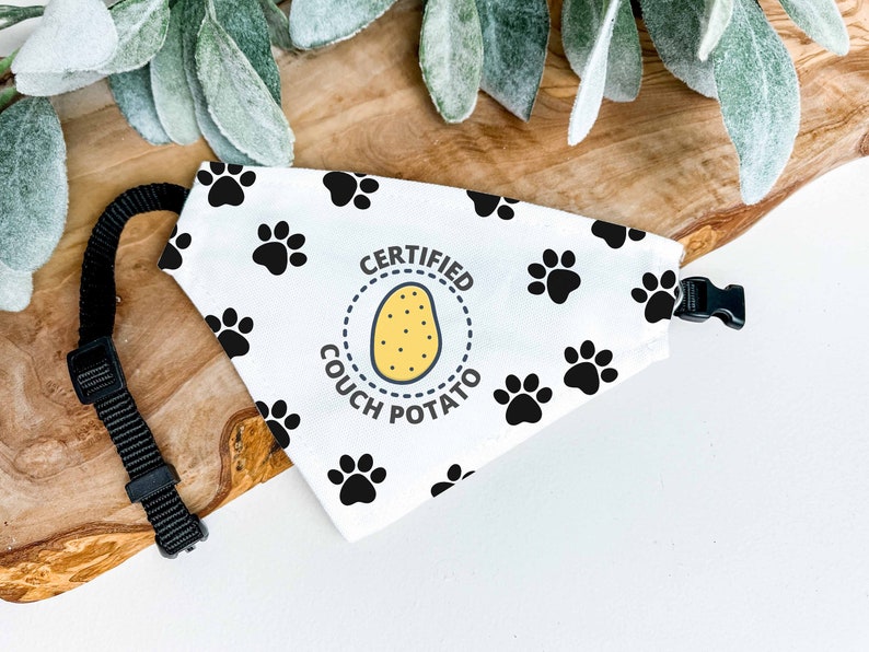 Puede incluir: Bandana blanca para perros con huellas de patas negras y la frase "CERTIFIED COUCH POTATO" alrededor de una ilustraci&oacute;n de patata amarilla. Tiene una correa y hebilla negras ajustables.