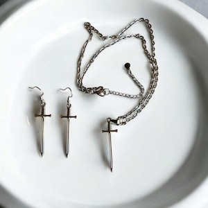 Goth Sword Jewelry Set • 304 Stainless Steel • Sword Earrings • Sword Necklace with 18 inch Chain +  2 inch Extender