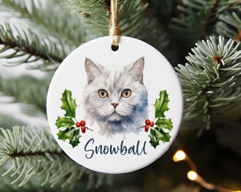 White Shorthair Cat Personalized Ceramic Cat Ornament--Your Cat's Name with Watercolour-Style Cat Breed Image