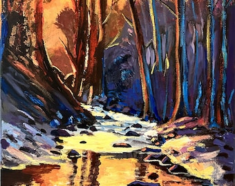 Found It First - A small 16"x20" Acrylic paint on canvas  of a sunset over a quiet river with the sun coming through the trees