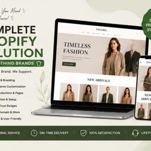 May include: A laptop and smartphone displaying a website for a clothing brand named Velora. The screen shows a hero image with the text Timeless Fashion and a New Arrivals section. The graphic includes text about a complete Shopify solution.