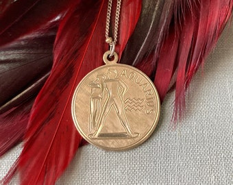 Vintage Gold Filled Aquarius Zodiac Horoscope Medallion Pendant Charm Necklace on Sterling Silver Chain
