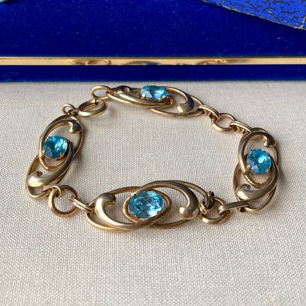 Vintage Retro Van Dell Signed Gold Filled Zircon Blue Glass Stone Chain Link Bracelet - Small Size - Item Details in Description