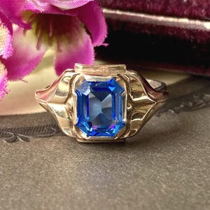 Antyczny, zabytkowy pierścionek w stylu art déco ze srebra próby 925, 10-karatowego, szlif szmaragdowy, niebieski