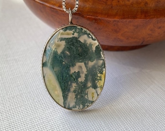Vintage Moss Agate Stone Sterling Silver Pendant Necklace - Read Description