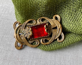 Antique Art Nouveau Red C Clasp Brooch Pin - Read Details in Description Section