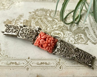 Antique 1920s Art Deco Coral Pink Pressed Glass Flower Silver Panel Link Bracelet - More Details in Description