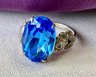 Beautiful Antique Art Deco Blue Rose Flower Solitaire Sterling Silver Ring - More Item Details in Description