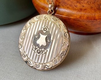 Antique Victorian Gold Filled Engraved Shield Locket Pendant Necklace - Fancy Monogram - Long 21" Gold Filled Rope Chain