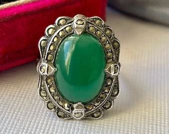 Antique Art Deco Chrysoprase Marcasite Sterling Silver Statement Ring - Engraved Flowers on Band