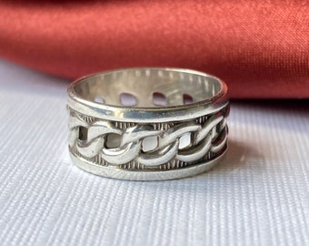 Vintage Chain Link Infinity Cigar Band Sterling Silver Wide Ring Band - Item Details in Description