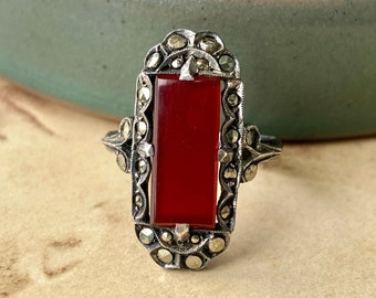 Antique Art Deco Carnelian Marcasite Sterling Silver Statement Ring -  Item Details in Description