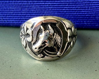 Vintage Lucky Horse Horseshoe Clover Sterling Silver Signet Ring - Read Description