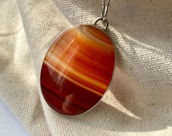 Vintage Striped Agate Stone Specimen Sterling Silver Pendant Necklace - Read Description