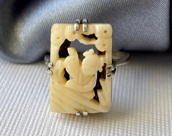 Rare Antique Art Deco Carved Stone Sterling Silver Solitaire Statement Ring - Possibly Chinese Export - Read Item Details