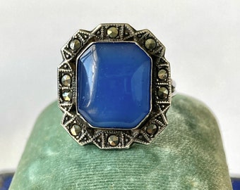 SALE. Antique Art Deco Chalcedony Art Glass Marcasites Sterling Silver Ring