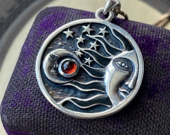 Vintage Sun and Moon Sterling Silver Pendant Necklace - Item Details In Description Section