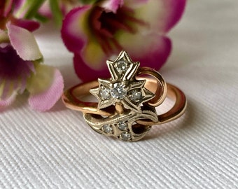 Antique Art Nouveau Belle Epoque Victorian Old Cut Diamond Abstract Flower Shamrock Clover Leaf 14K Rose Gold Ring - Circa 1900