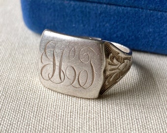 Antique Victorian Art Nouveau Monogram Initial Letter Signet Sterling Silver Statement Ring - Mens Unisex - Split Shank - Read Description