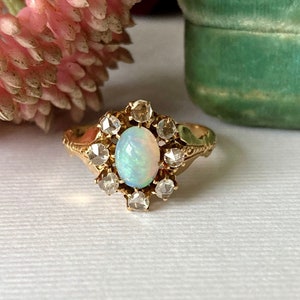Beautiful Antique Victorian Opal Rose Cut Diamond Cluster Halo 14K Gold Ring - More Details in Description
