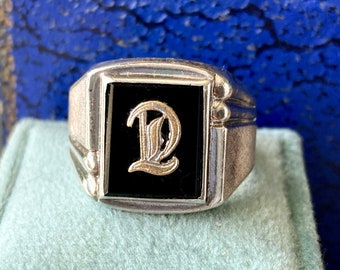 Antique Vintage Letter D or T Signet Onyx Sterling Silver Statement Ring - Read Description