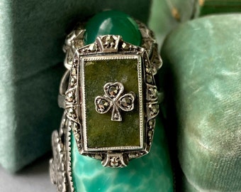 Vintage Art Deco Lucky Shamrock Clover Connemara Marble Stone Marcasite Sterling Silver - Read Details
