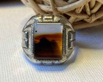 Vintage Antique Art Deco Agate Signet Sterling Silver Statement Ring - Details in Description