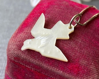 Vintage Sterling Silver Swallow Bird Mother of Pearl Pendant Charm Necklace
