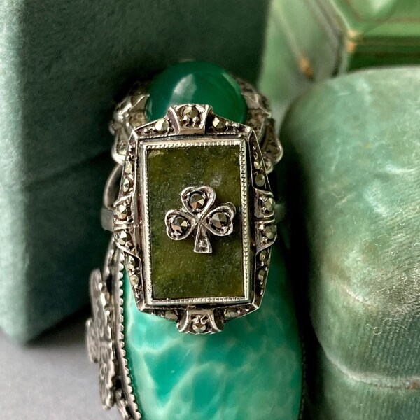 Vintage Art Deco Lucky Shamrock Clover Connemara Marble Stone Marcasite Sterling Silver - Read Details