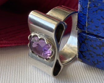 Rare Antique Retro German Amethyst Sterling Silver Bow Ring - Read Item Details