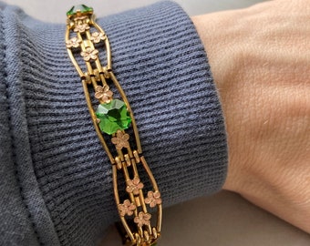 Gorgeous Antique Vintage 12K Gold Filled Peridot Glass Flower Gate Link Bracelet - Read Description