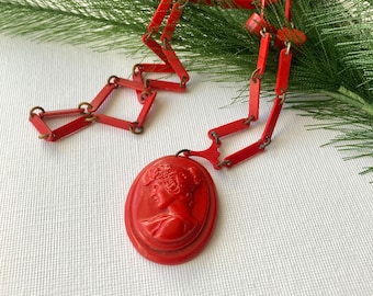 Antique 1920s Art Deco Cherry Red Early Plastic Cameo Pendant Long Chain Necklace - More Details Always in Description