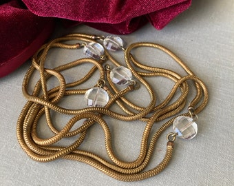 Antique 1920s Long Flapper Snake Chain Glass Crystal Bead Station Art Deco Necklace - Read Item Description