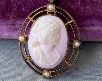 Antique Victorian Cameo Pendant Brooch Pin Pearl Gold Filled Necklace