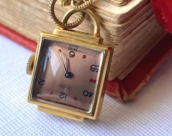 Colgante de reloj analógico antiguo Art Déco chapado en oro rosa - Cadena larga tono oro - Lea la descripción