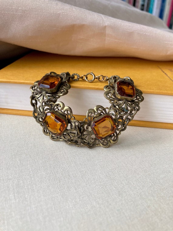 Antique Art Deco Citrine Glass Fancy Link Bracelet