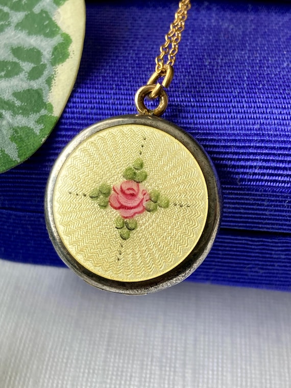 Antique Guilloché Enamel Rose Locket Pendant Sterling Gold Filled Necklace - Read Details